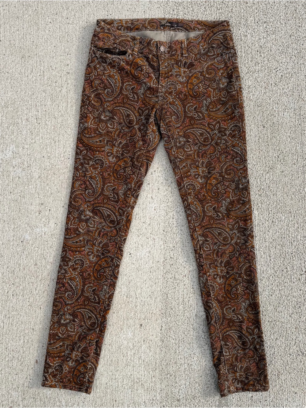 prAna Trinity Paisley Corduroy Pants Low Rise Skinny Trousers 8 Brown Boho EUC - Picture 6 of 12
